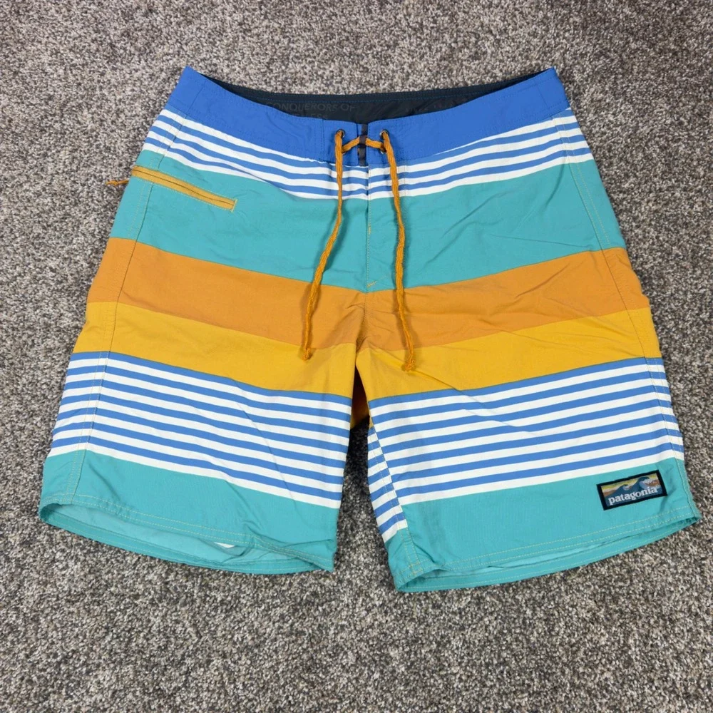 Patagonia Wavefarer Boardshorts Mens 30 Striped Blue Orange Recycled Nylon Swim